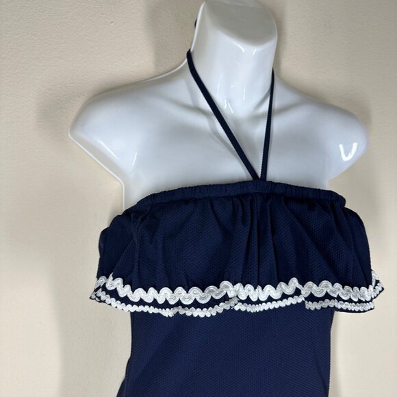 J.Crew Rickrack Ruffle Bandeau One Piece Swimsuit Womens Size 4 Navy Tie Neck - Picture 4 of 10